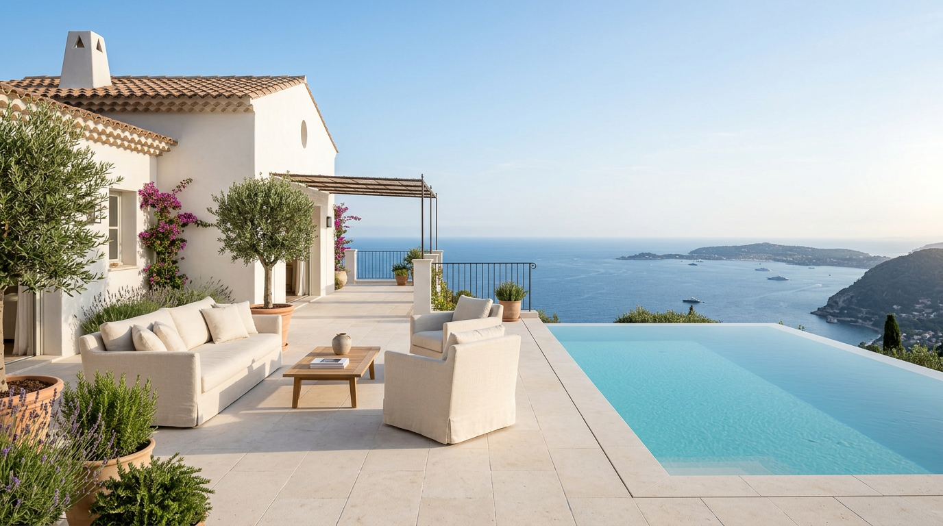 Terrasse de villa en pierre au bord d’une piscine sur la Côte d’Azur